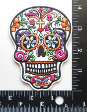   SUGAR SKULL CROSS HEART TATTOO FLOWERS COLORFUL WHITE SKULL IRON ON PATCH