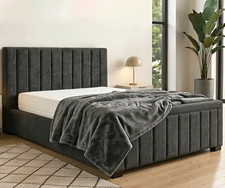 Grey Upholstered Double Bed Frame with Vertical Panel Headboard & Footboard