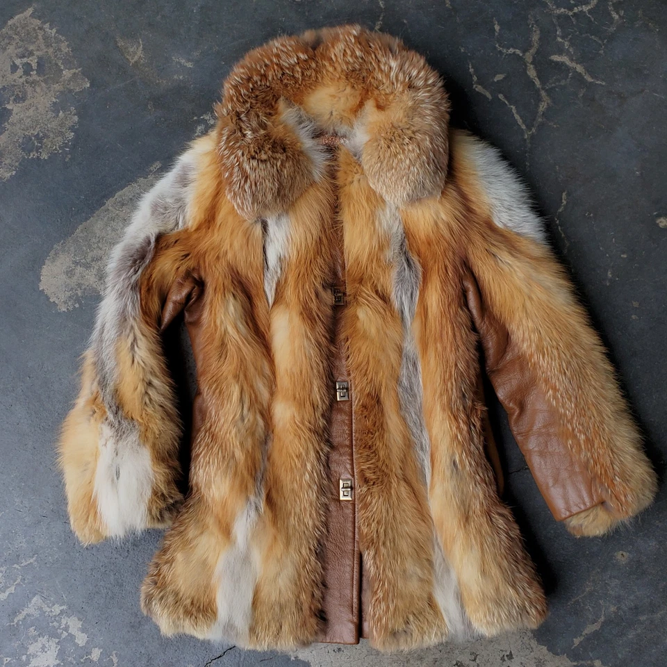 Abrigo de piel de zorro rojo vintage de los años 70 y ribete de cuero personalizado peletero talla de trabajo S/M Foto 2 de 4