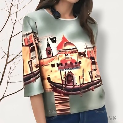 TAKE TWO Venice Italy Wearable Art Embellish Knit Top Gondola Bicycle Travel 2X