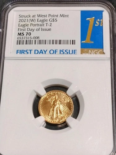 2021 $5 1/10oz Gold American Eagle Type 2 NGC MS70 First Day Of Issue