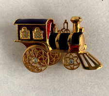 Vintage Smithsonian Avon Gold Tone and Enamel Rhinestone Steam Train Brooch Pin