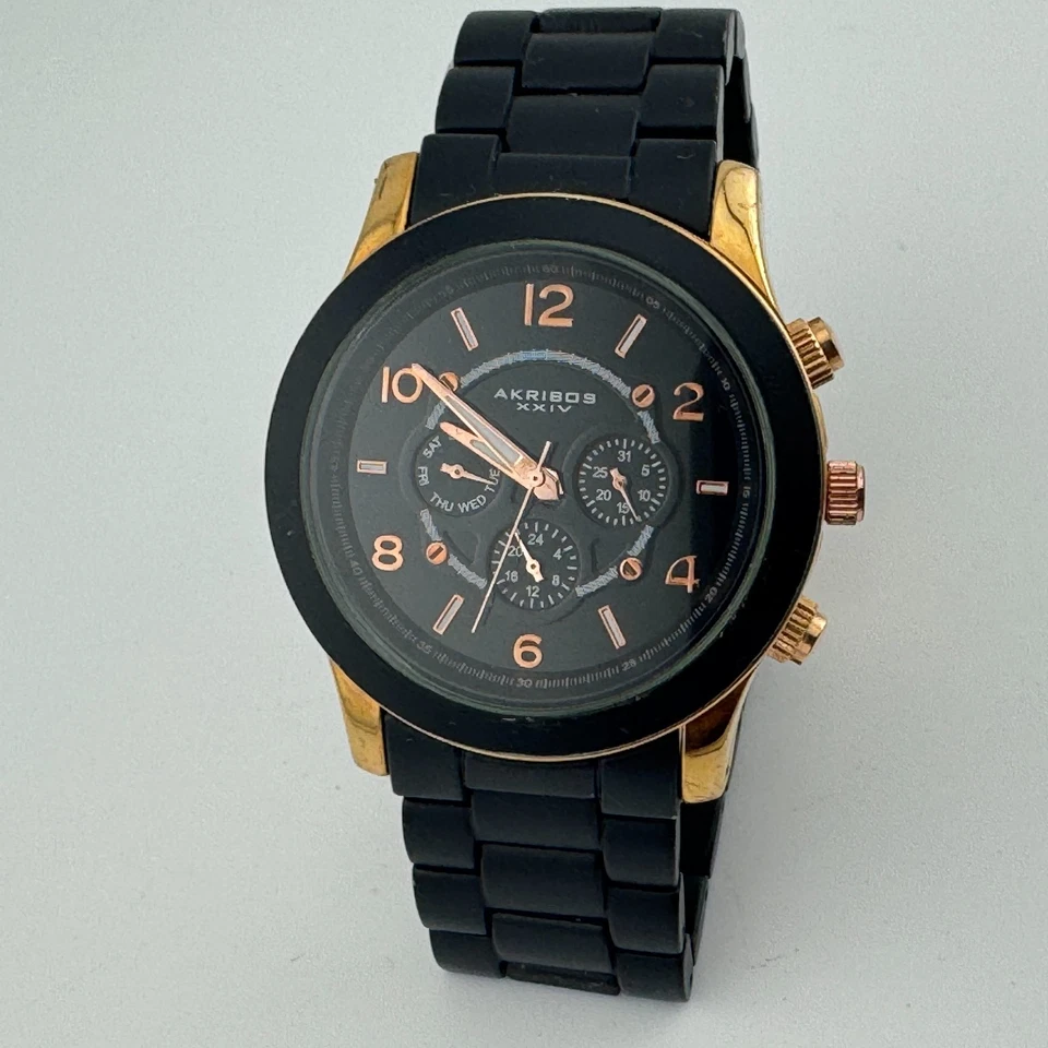 Akribos Reloj Cuarzo Hombre 30m Tono Oro Rosa Negro Fecha Día Analógico Batería Nueva 8" Foto 2 de 4