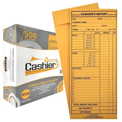 500 Cashier Depot - Cashier's Report Envelope MT230, 4 1/2'' x 10 3/8'', Sturdy...