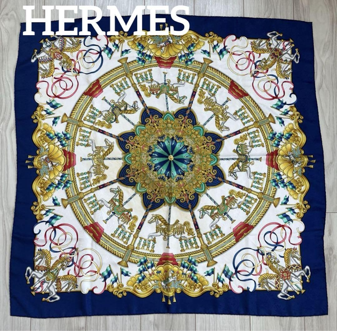 Vintage Hermes Large Scarf 89 x 89 Openwork Merry-Go-Land From Japan
