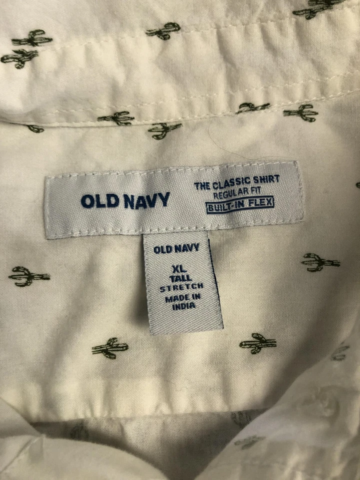 Old Navy Shirt Mens XL Tall White Green Cactus Print Button Down Built-In Flex - Image 4 of 4