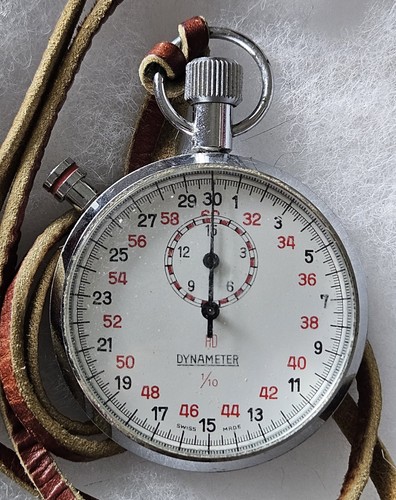 Vtg Dynameter Swiss Made Mechanical Stopwatch 1/10 Second WORKING with Strap