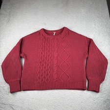 Free People Dream Cable Crew Sweater Womens Small Red Cotton Knit Pullover