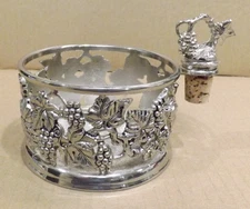 Silverplate Grape Vine Design Wine Bottle Coaster Holder with Cork Stop