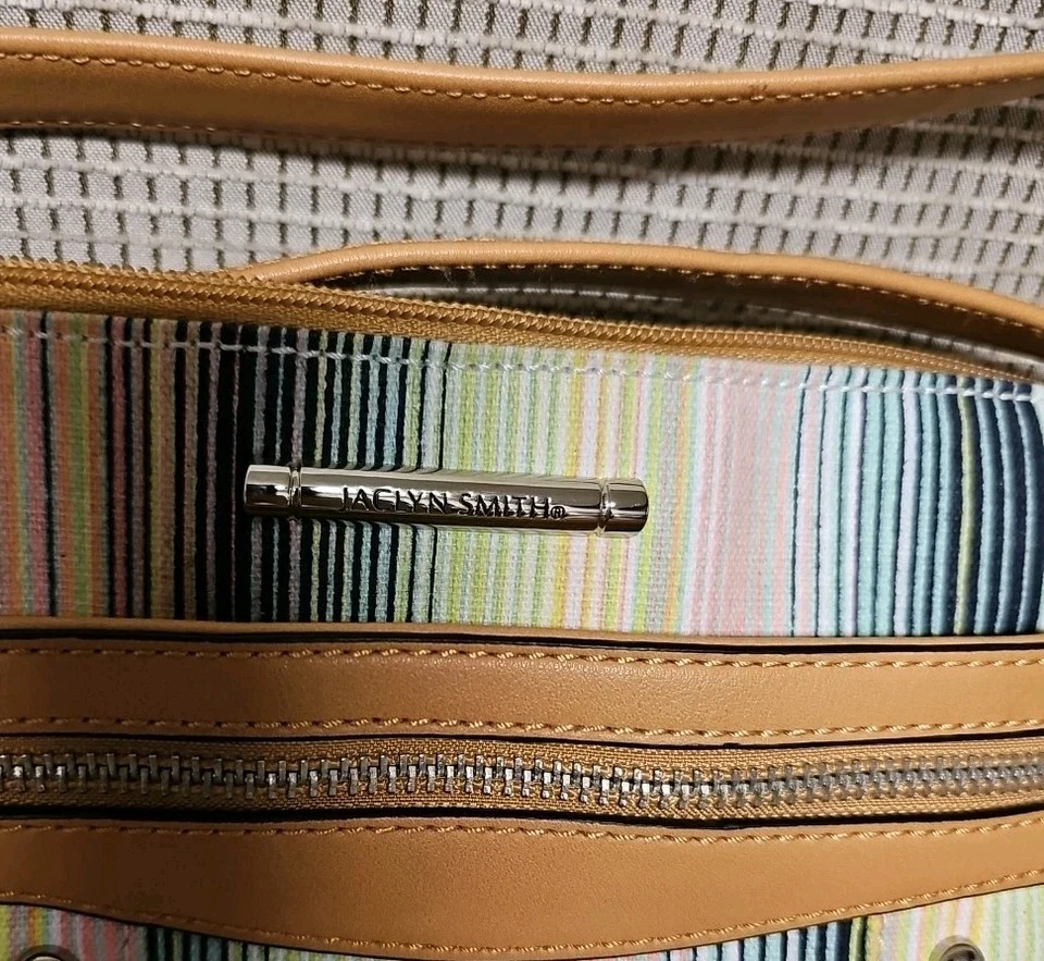 Bolso de hombro Jacklyn Smith Steiped de algodón y cuero vegano LNC Foto 2 de 4