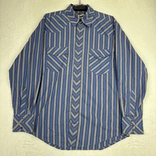Vintage Wrangler Western Shirt Blue Striped Black Pearl Snap Long Sleeve CB3-13