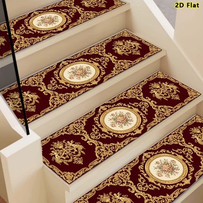 Red Golden Baroque Pattern Stair Treads, Non-Slip Stair Carpet, Step Protectio