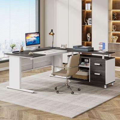 Halseey 63 In. L Shaped Gray White Large Wood 2-Drawer Computer Desk for Home Of