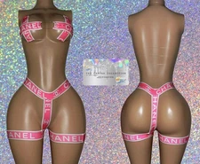 EXOTIC DANCER/ STRIPPER WEAR: PINK & WHITE 3 PIECE SET WITH RHINESTONES