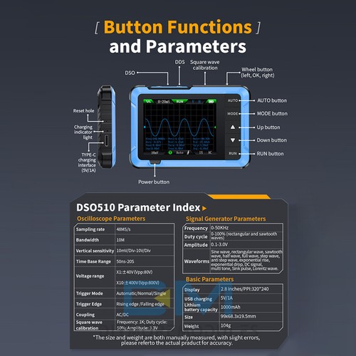 FNIRSI DSO510/DSOTC4 Handheld Digital Oscilloscope Signal Generator 48MS/s 10MHz - Picture 21 of 62
