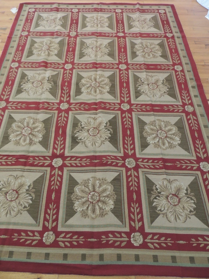 Alfombra 6x9 diseño francés Aubusson punta de aguja rojo verde beige patrón de caja Foto 2 de 4