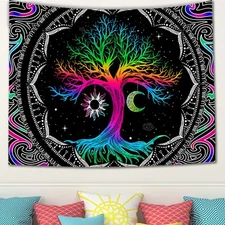 Trippy Tree of Life Sun and Moon Wall Tapestry, 51"x 60", Boho Galaxy Space