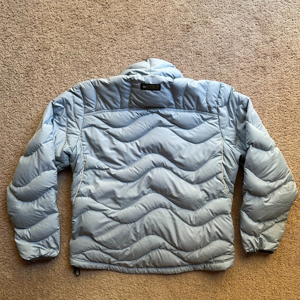 REI Jacket Womens Medium Full Zip Puffer Grey Hooded Pockets Down Fill