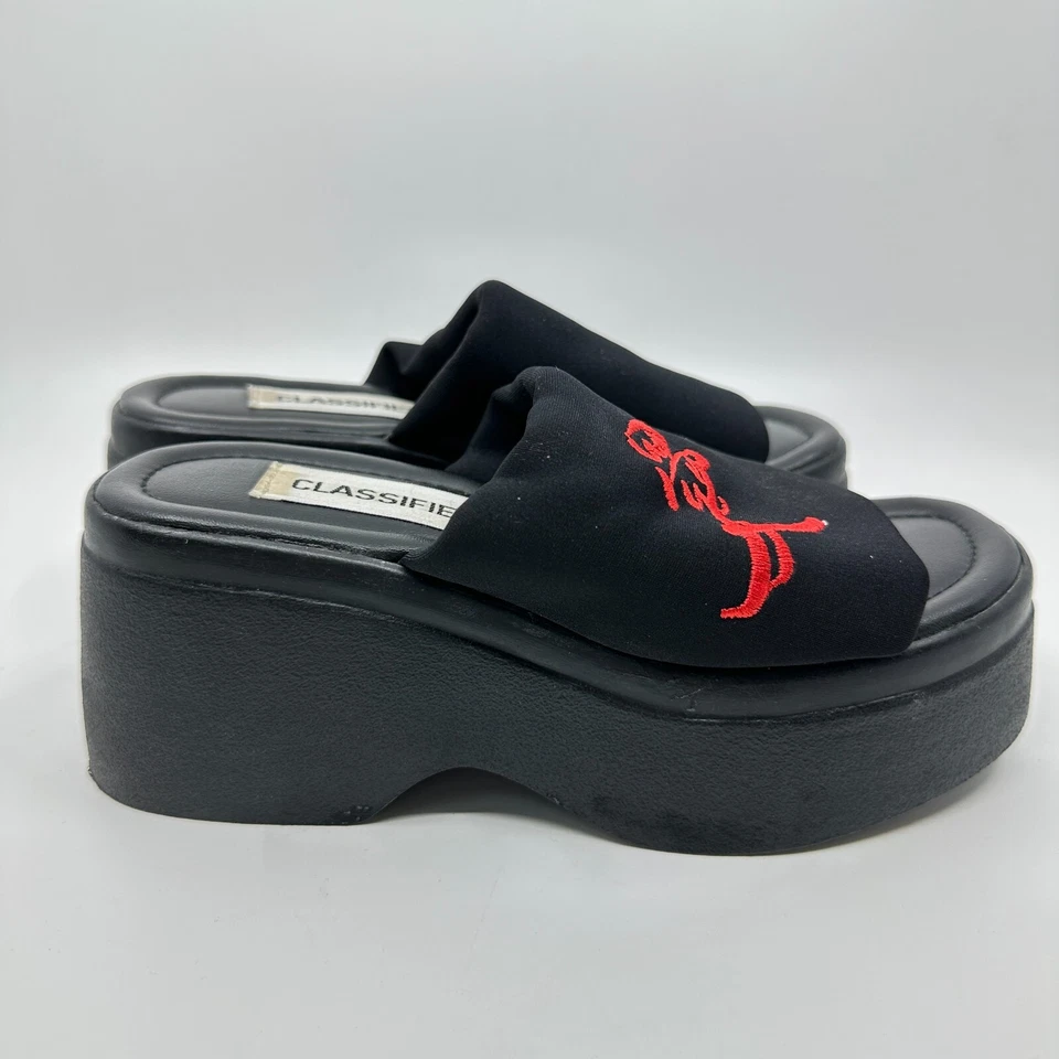 Sandalias de cuña clasificadas Y2K años 90 talla 5,5 negras imitación cuero sin cordones punta abierta rave Foto 4 de 4