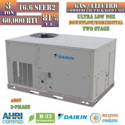 Daikin 3 Ton 16.6 SEER2 60K BTU AC Gas Package Unit Two Stage Low NOx 81% 460V/3