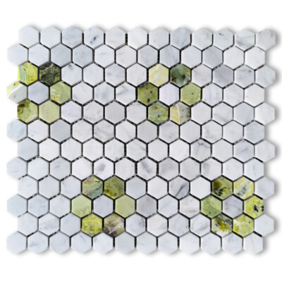 C31F12XP Carrara White Marble Hexagon Rosette Mosaic Tile Green Jade Polished