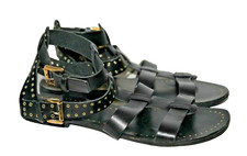 BARBARA BARBIERI Gladiator Sadals Black Leather Flats Gold Grommets Womens Sz 8