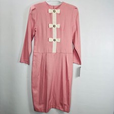 Vintage 80s Dress SZ Medium Melissa Harper Pink Modest Classic Ribbon Front