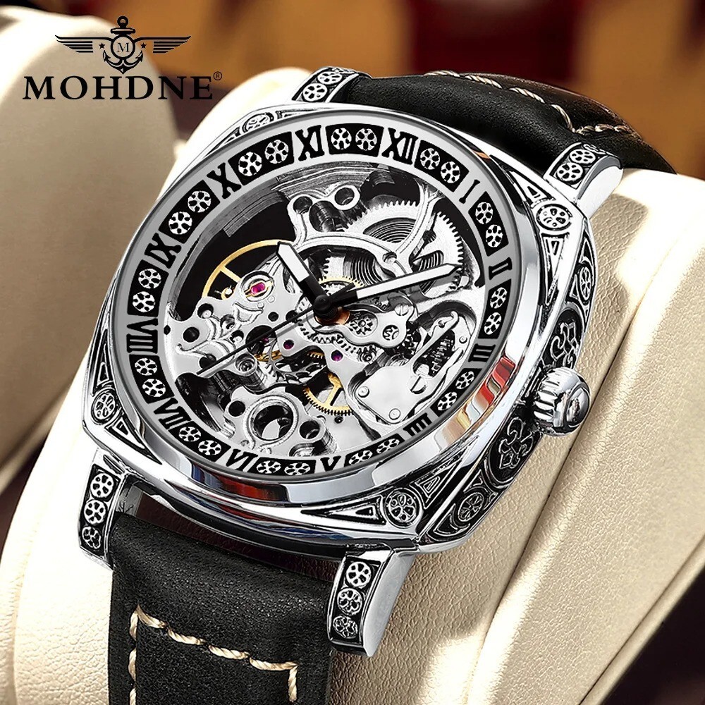 Minimalist Skeleton Dial Quartz Watch Classic Unisex Leather Band Waterproof Amazon.com: CARLIEN Retro Steampunk Roman Number Leather  main image 3