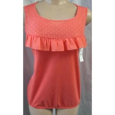 "LOFT" CORAL POLKA DOT ILLUSION NECK RUFFLED BLOUSE SOFT KNIT TOP SZE: M NWT