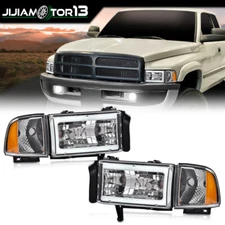 Fit For 1994-02 Dodge Ram 1500 2500 3500 Chrome Headlights LED Tube C Light Bar 
