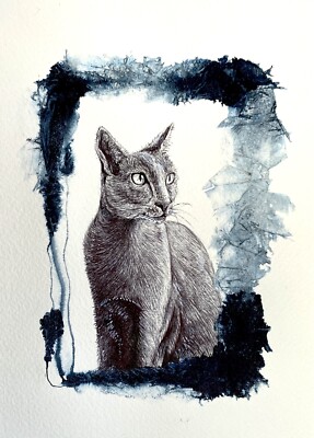 Katze Feder und Tusche Original Zeichnung. Blaugrau 15x21cm ungerahmt