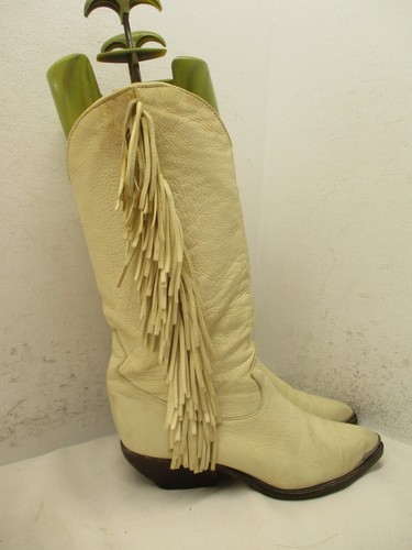 Vintage ZODIAC cremefarbene Damen-Cowboystiefel mit Fransen Westernabsatz Größe 10 M