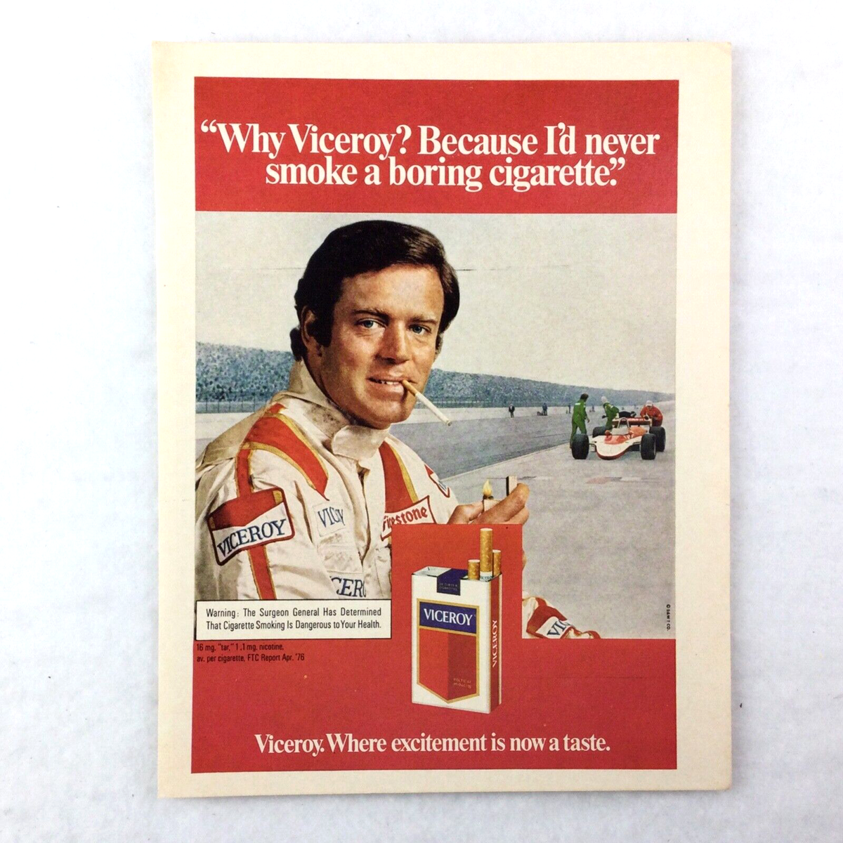 VICEROY Cigarettes 70s VINTAGE PRINT AD Formula One Racing Driver Track RED 