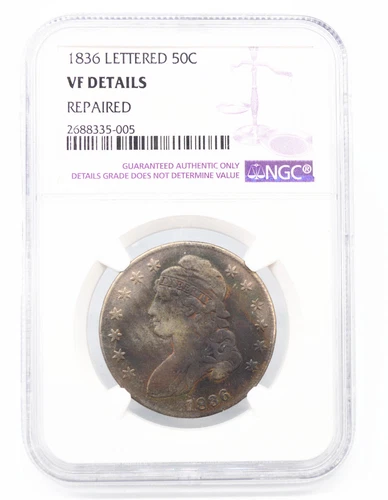 1836 50C Lettered Edge Capped Bust Half Dollar NGC VF Details Toning EarlySilver