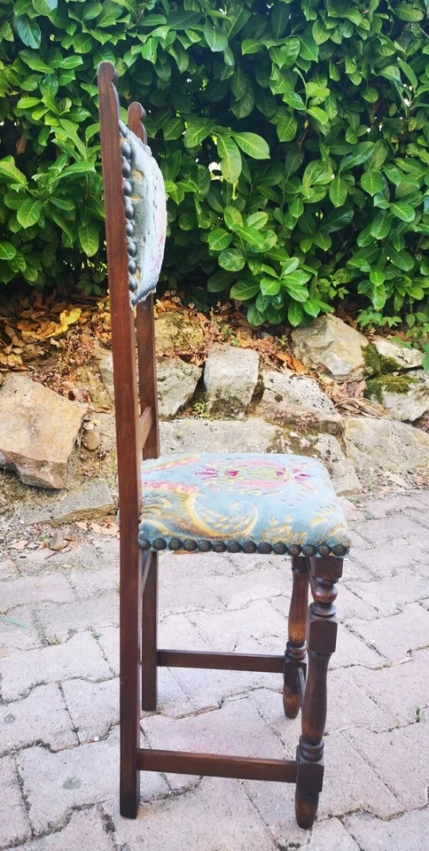 Rare Ancienne Magnifique Chaise Enfant en Bois Tapisserie Clouté Dossier Haut - Photo 4/4