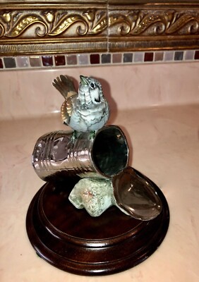 Rare EDOARDO TASCA Italy- FINCH BIRD on CAN -Ltd.Ed. signed Porcelain -Wood Base