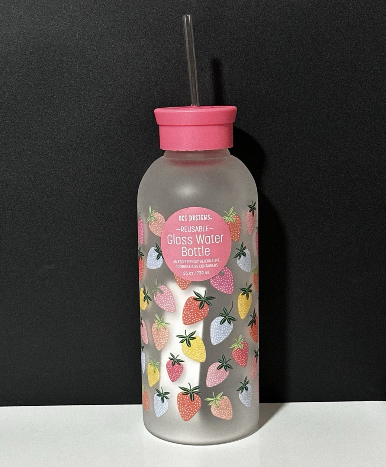New OCS DESIGNS Pink Reusable 25 oz Glass Water Bottle Strawberries