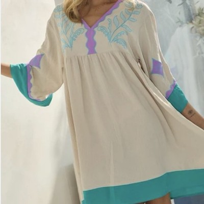 Oddi Women s Dress 1X Taupe Teal Embroidered Kentucky Derby Boho Brunch