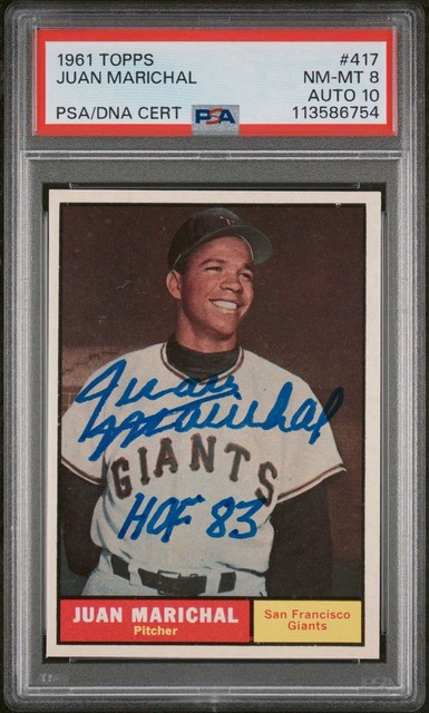 Juan Marichal signiert 1961 Topps Baseball #417 Rookie RC HOF PSA 8 Autogramm 10