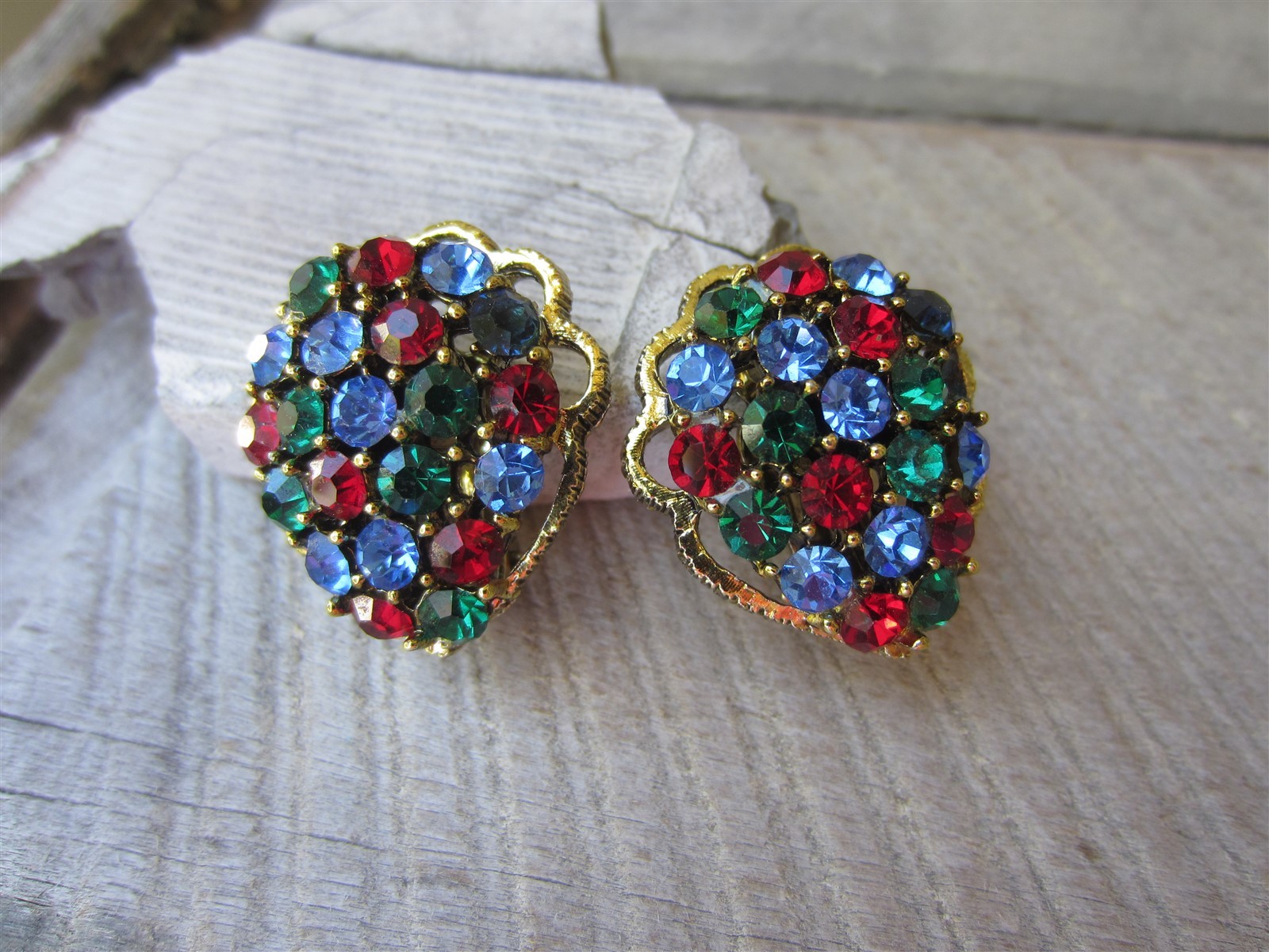 Vintage WEISS Fruit Salad Multi Colored Glass Rhinestone Gold Tone Clip EARRINGS