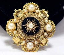 Vintage Gold Black Pearl Victorian Revival Brooch Numbered Jewelry