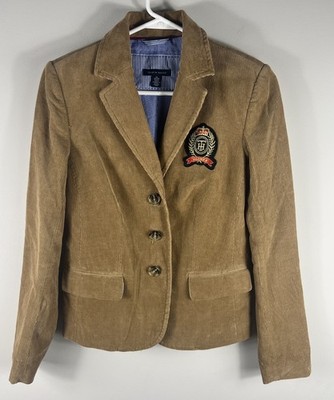 Tommy Hilfiger Women s Size XS Corduroy Crest Patch Blazer Jacket Brown Preppy
