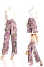 ZARA Womens M Paisley Wide Leg Pants Elastic Waist Boho Flowy Resort Vacation Pa