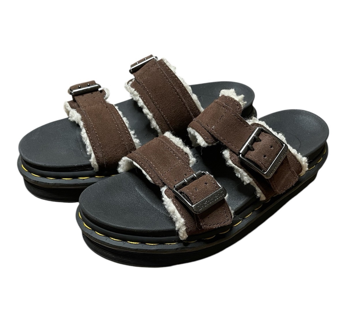 Dr. Martens Myles Suede Fur-Lined Buckle Slide Sandals Dark