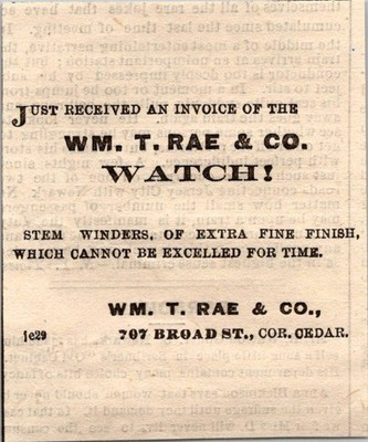 Wm T Rae & Co Stem Winders Extra Fine Finish Broad St 1872 NJ Clipping TAJ7-S5