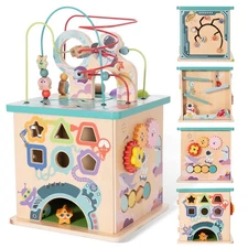 Wooden Activity Cube 5-in-1 Kids Learning Center Toy Bead Maze Shape Sorter T...
