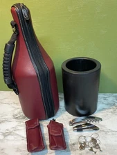 Caddy O Burgundy Leather Wine Bottle Cooler Travel Case with accessories