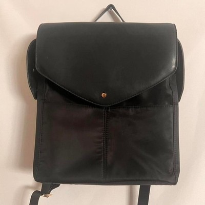 A New Day Backpack Black Nylon Faux Leather Flap Gold Hardware Minimalist Travel