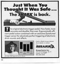 Anuncio impreso pequeño de Shark Electronic Drum Trigger 1989 con Rick Allen Def Leppard