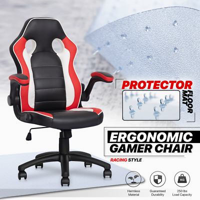 Red Racing Game [CHAIR+CARPET PROTECTION MAT] Home Swivel PC